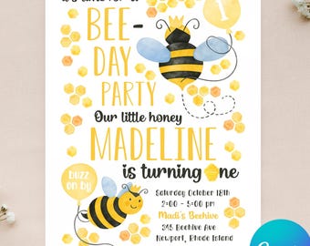 Editable Bee Birthday Invitation - Bee-Day Party Invitation - Our Little Honey Birthday - Bee Invite - Instant Download - Canva - 4x6 5x7