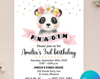 Editable Panda Birthday Invitation - Panda Invitation - Pandamonium Birthday - Our Little Panda - Instant Download - Canva - 4x6 5x7