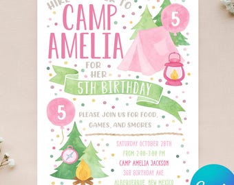 Editable Camping Birthday Invitation - Smores Invitation - Camp Birthday - Girl Camping Invitation - Instant Download - Canva - 4x6 5x7
