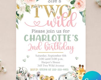 Editable Two Wild Birthday Invitation - Safari Party Invitation - Wild Animal Birthday - 2nd Birthday - Instant Download - Canva - 4x6 5x7