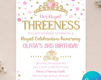 Editable Threeness Birthday Invitation - 3rd Birthday Invitation - Princess Invite - Her Royal Threeness - Instant Download - Canva -4x6 5x7