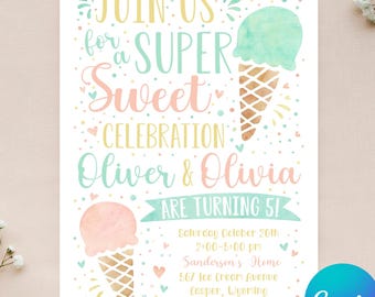 Editable Twins Ice Cream Birthday Invitation - Ice Cream Invitation - Twins Invite - Siblings Invite - Instant Download - Canva - 4x6 5x7