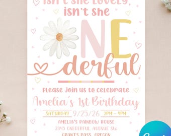 Editable Onederful Birthday Invitation - Daisy Invitation - Boho Birthday - Isn't She Lovely - Instant Download - Canva - 4x6 5x7
