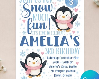 Editable Penguin Birthday Invitation - Winter Invitation - Snow Much Fun - Instant Download - Canva - 4x6 5x7