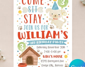 Editable Puppy Birthday Invitation - Boy Puppy Invitation - Come Sit Stay - Puppy Pawty - Dog Invite -Instant Download - Canva - 4x6 5x7