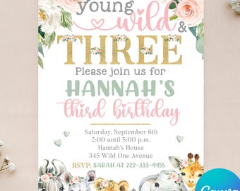 Editable Young Wild and Three Birthday Invitation - Safari Invitation - Wild Animal - 3rd Birthday - Instant Download - Canva - 4x6 5x7