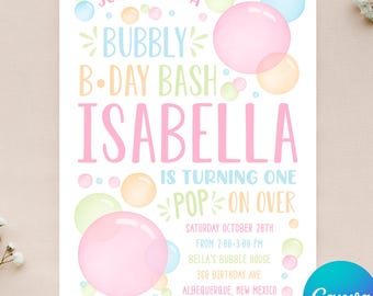 Editable Bubble Birthday Invitation - Bubbles Invitation - Pop On Over - Bubble Birthday - Bubbly Invite -Instant Download - Canva - 4x6 5x7