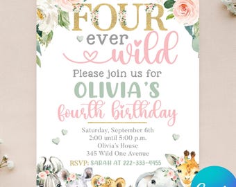 Editable Four-ever Wild Birthday Invitation - Safari Party Invite - Wild Animal Birthday - 4th Birthday - Instant Download - Canva - 4x6 5x7