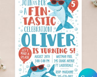 Editable Shark Birthday Invitation - Shark Party Invitation - Fin-Tastic Birthday - Pool Party Invite - Instant Download - Canva - 4x6 5x7