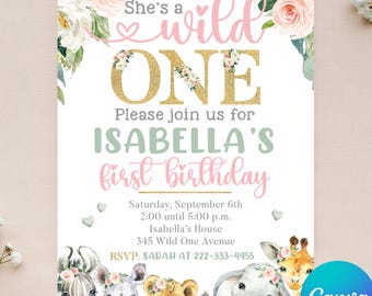 Editable Wild One Birthday Invitation - Safari Party Invitation - Wild Animal Birthday - 1st Birthday - Instant Download - Canva - 4x6 5x7