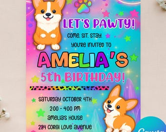 Editable Puppy Invitation - Corgi Birthday - Corgi Invitation - Puppy Birthday - Instant Download - Canva - 4x6 & 5x7