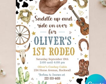 Editable Cowboy Invitation - First Rodeo Invitation - Wild West Birthday - 1st Rodeo Birthday - Instant Download - Canva - 4x6 & 5x7