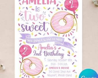 Editable Two Sweet Birthday Invitation - Donut Invitation - Donut 2nd Birthday - She's Two Sweet - Instant Download - Canva - 4x6 5x7