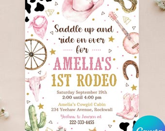 Editable Cowgirl Invitation - First Rodeo Invitation - Wild West Birthday - 1st Rodeo Birthday - Instant Download - Canva - 4x6 & 5x7