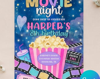 Editable Movie Invitation - Girl Movie Night Invitation - Movie Theater Birthday - Movie Night Birthday - Instant Download - Canva - 4x6 5x7