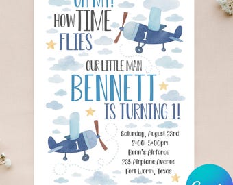 Editable Airplane Invitation - How Time Flies Invitation - Airplane 1st Birthday - Pilot Invitation - Instant Download - Canva - 4x6 5x7