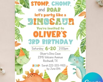 Editable Dinosaur Invitation - Party Hat Dinosaur Invitation - Stomp Chomp Roar - Party Like a Dinosaur - Instant Download - Canva - 4x6 5x7