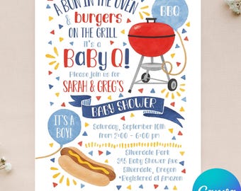 Editable BaBy Q Invitation - BBQ Baby Shower Invitation - A Bun in the Oven - Baby Shower Barbeque - Instant Download - Canva - 4x6 5x7