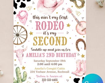 Editable Cowgirl Invitation - Second Rodeo Invitation - Wild West Birthday - 2nd Rodeo Birthday - Instant Download - Canva - 4x6 & 5x7