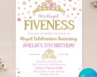 Editable Fiveness Birthday Invitation - 5th Birthday Invitation - Princess Invite - Her Royal Fiveness - Instant Download - Canva - 4x6 5x7