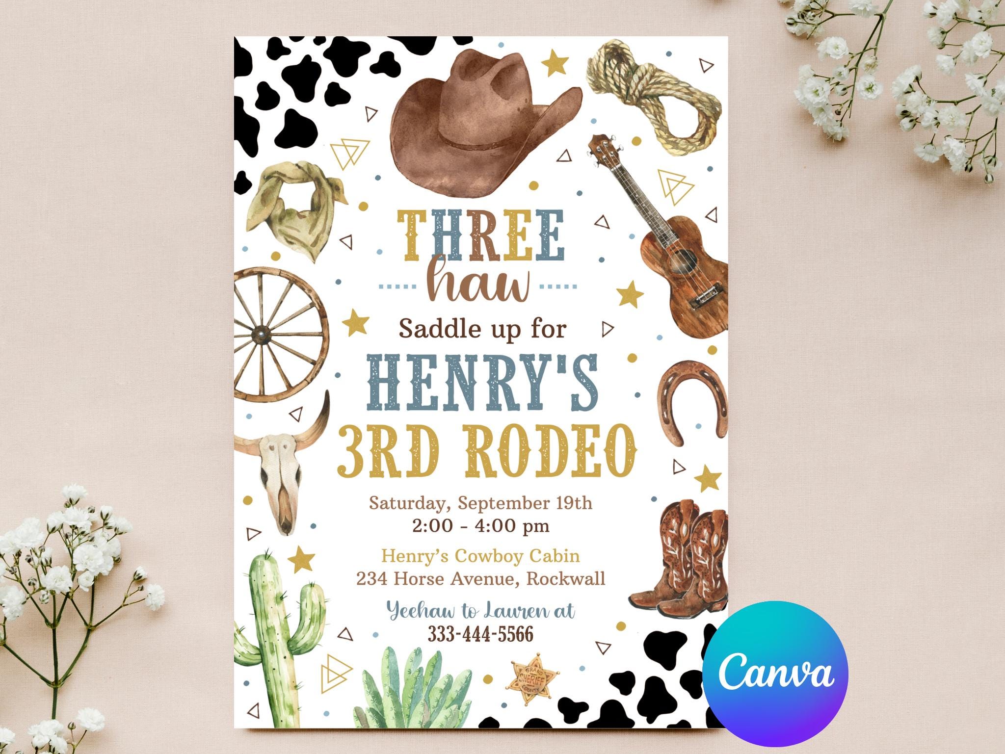 Editable Cowboy Invitation - Three Haw Invite - Third Rodeo Invitation ...