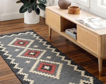 Handwoven Wool Jute Kilim Rug, Geometric Tribal Southwestern Boho Carpet