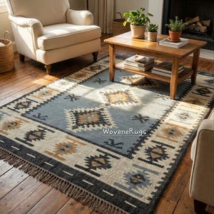 Handmade Wool Jute Kilim Rug | Blue Tribal Geometric Flatweave