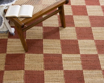 Handmade Checkerboard Hemp Jute Area Rug, Red and Natural