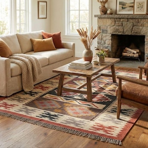 Puede incluir: Un salón acogedor con un sofá beige, cojines y una manta de punto. Una mesa de centro de madera descansa sobre una alfombra estampada. Una chimenea y dos sillones de cuero completan el ambiente. La alfombra mide aproximadamente 240 x 170 cm.