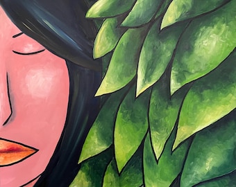 Pintura al óleo abstracta de rostro femenino: lienzo con hojas verdes serenas