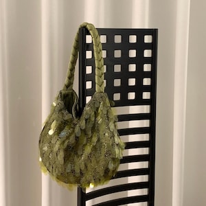 Cold Green Sequined Handbag – Handmade Shoulder Bag, Shimmer Tote, Holiday Party Accessory & Christmas Gift | Bridal and Wedding Handbag