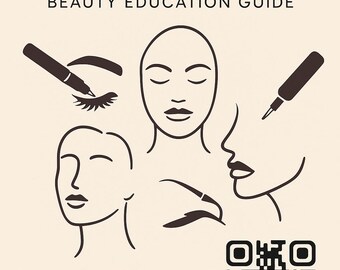 May include: A beige beauty education guide with the text "PMU BROWS & LIPS COURSE" and "BEAUTY EDUCATION GUIDE." The image features line drawings of faces, eyebrows, and lip illustrations, along with a QR code and the name "OLHA KOLESNYK."