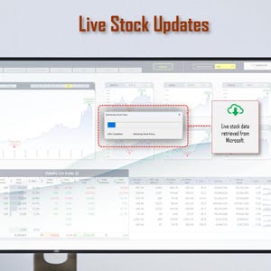 Peut inclure: Un &eacute;cran d'ordinateur affichant un tableau de bord financier intitul&eacute; Live Stock Updates. L'&eacute;cran pr&eacute;sente divers graphiques boursiers, un tableau de donn&eacute;es et une fen&ecirc;tre contextuelle indiquant Retrieving Stock Data avec une barre de progression.