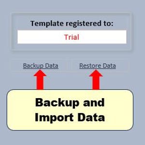 Peut inclure: Un &eacute;cran d'interface num&eacute;rique affichant le texte Template registered to: Trial. En dessous se trouvent deux boutons intitul&eacute;s Backup Data et Restore Data avec des fl&egrave;ches rouges pointant vers le haut. Un grand encadr&eacute; jaune contient le texte Backup and Import Data.