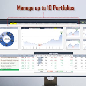Peut inclure: Un tableau de bord financier num&eacute;rique affich&eacute; sur un &eacute;cran d'ordinateur avec le texte Manage up to 10 Portfolios. L'interface pr&eacute;sente un graphique en secteurs d'allocation de portefeuille, des graphiques lin&eacute;aires et un tableau d&eacute;taill&eacute;.