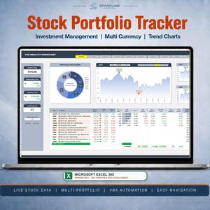May include: A laptop screen displaying a Stock Portfolio Tracker spreadsheet by Sparkline Systems. The interface features investment management tools, a pie chart for portfolio allocation, trend charts, and a detailed table of stock data.