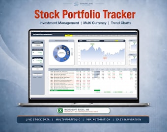 May include: A laptop screen displaying a Stock Portfolio Tracker spreadsheet by Sparkline Systems. The interface features investment management tools, a pie chart for portfolio allocation, trend charts, and a detailed table of stock data.