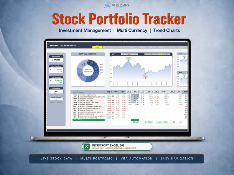 Peut inclure: Un &eacute;cran d'ordinateur affichant une feuille de calcul Stock Portfolio Tracker de Sparkline Systems. L'interface comprend des outils de gestion des investissements, un graphique en secteurs, des graphiques de tendance et un tableau d&eacute;taill&eacute;.