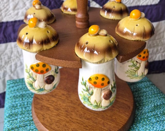 Rare 70s Sears Roebuck Vintage Merry Mushroom Spice Shakers with Holder