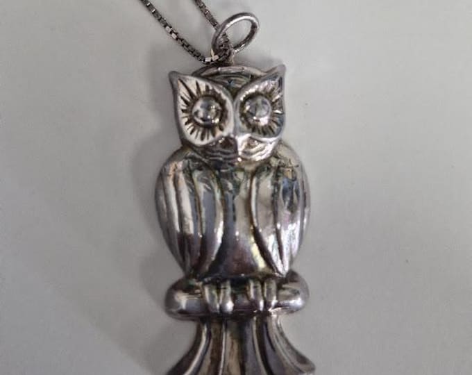 Sterling Silver Owl Pendant and Long Chain Stamped 925 from the 1970s
