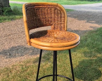 Rattan Wicker Bamboo MCM Bar Stool, Danny Ho Fong Attributed, Iron Base