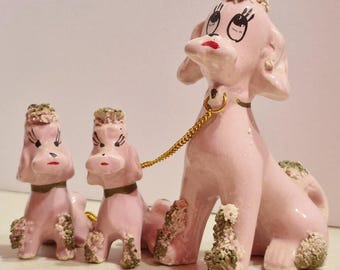 Vintage Pink and Green Pottery Spaghetti Poodle Set -- 1950s Kitsch Ceramic
