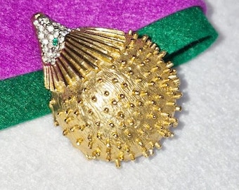 Vintage Gold Tone Hedgehog Brooch with Rhinestones 80s