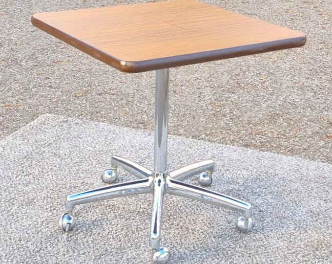 Midcentury Modern Rolling Table – Atomic Base, Wood Grain Laminate - Read Description Re: Shipping