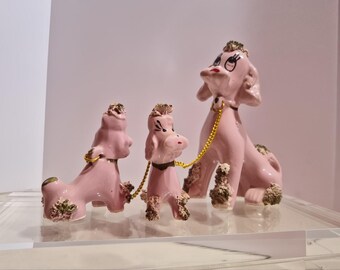 Vintage Pink and Green Pottery Spaghetti Poodle Set -- 1950s Kitsch Ceramic