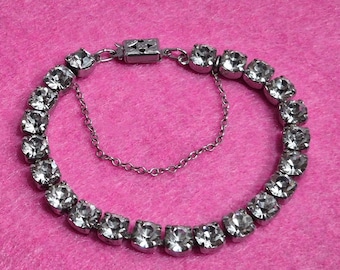 Vintage Art Deco Sterling and Rhinestone Tennis Bracelet with Box Clasp and Safety Chain