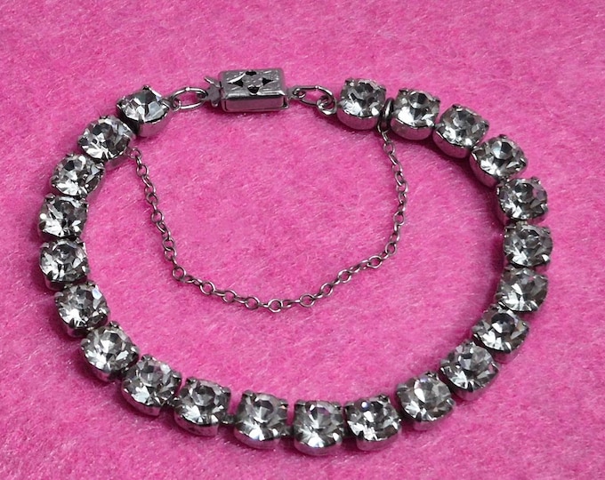 Vintage Art Deco Sterling and Rhinestone Tennis Bracelet with Box Clasp and Safety Chain