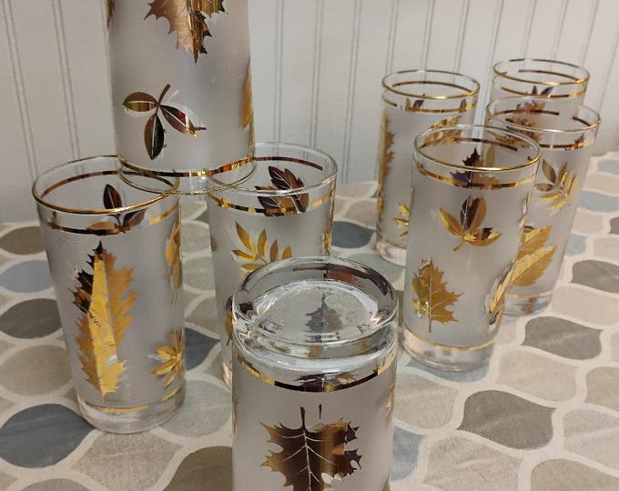 Gold Leaf Frosted Mid Century Glass Set for Barware and Glassware Collections