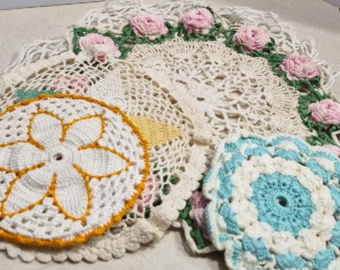 Vintage Hand-Crocheted Cotton Assorted Doilies Coasters -- Set of 5