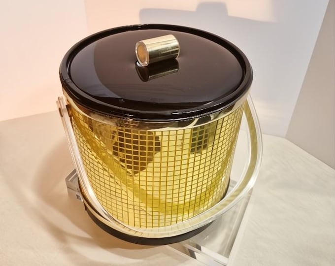 Hollywood Regency Gold Mirrored Ice Bucket with Black Vinyl Lid and Lucite Handle